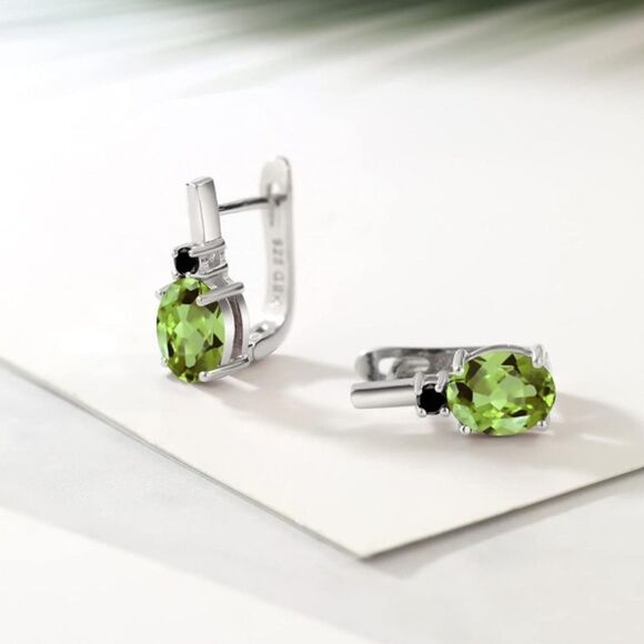 925 Sterling Silver with 2.83 Cttw Peridot and Black Diamond Oval Drop Earrings - Picture 2 of 4